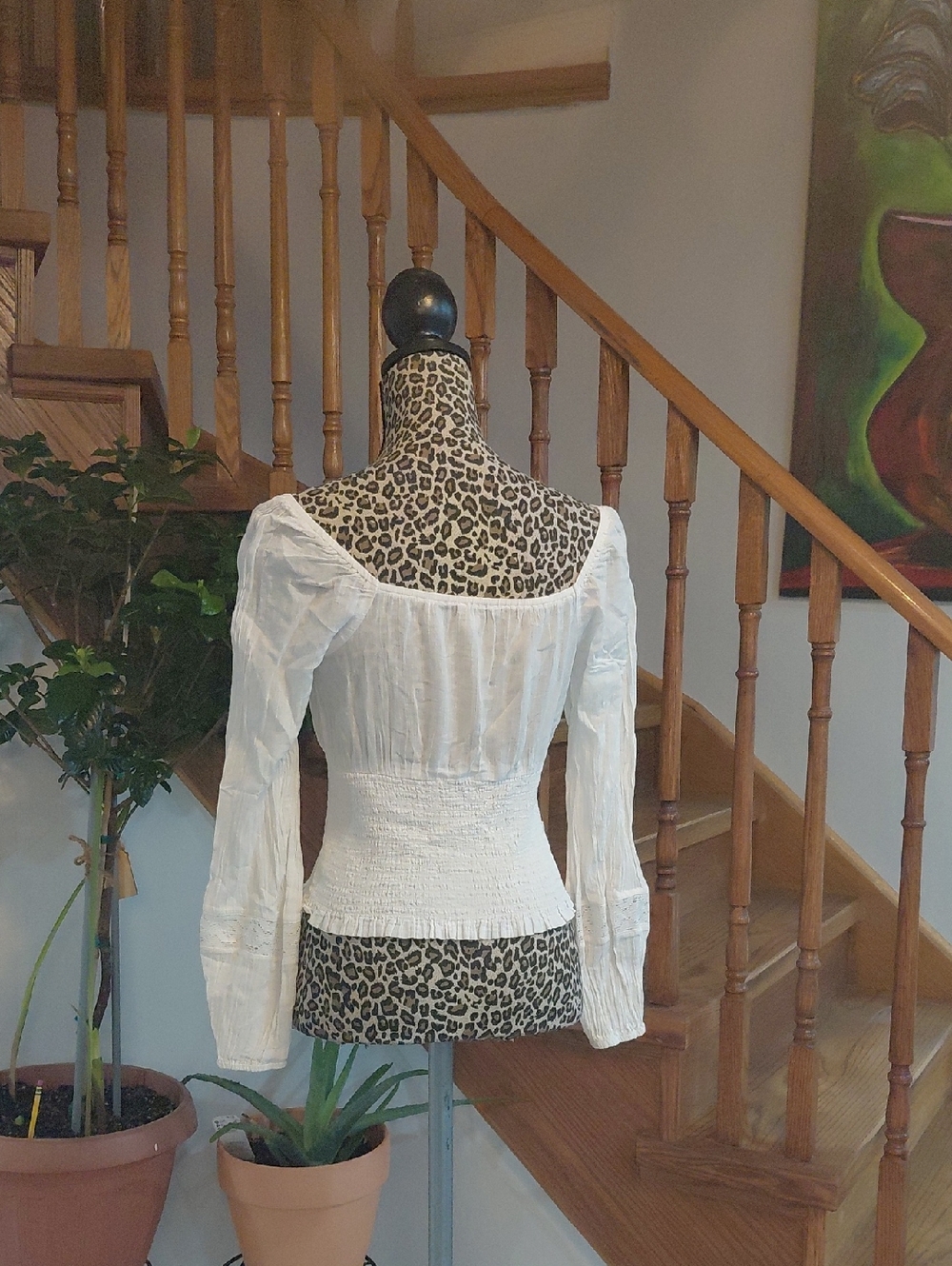 White Long-Sleeve Smocked Peasant Top - Picture 3 of 6